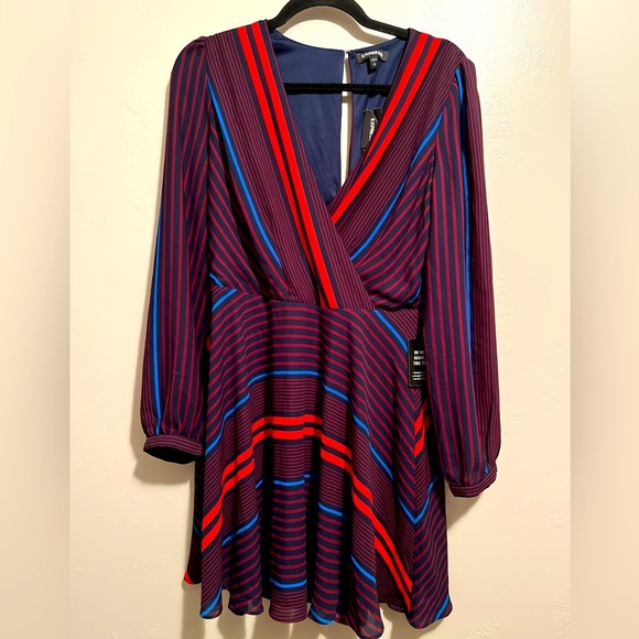 NWT Expeess Blue & Red Striped Long Sleeve Dress - Picture 1 of 11